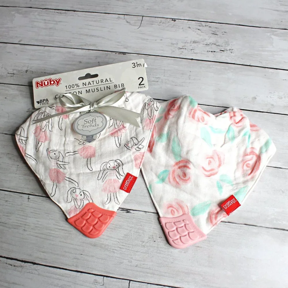 Nuby Baby Girl's Muslin Bandana Drool Bib Teething Set 100% Muslin Cotton